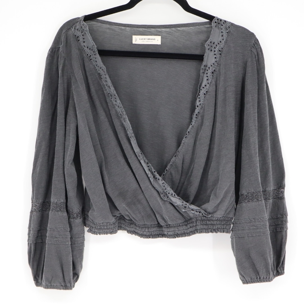 Lucky Brand Women's Grey Eyelet Wrap Top Shirt Size Small Long Sleeve Cropped